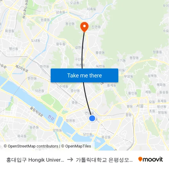 홍대입구 Hongik University to 가톨릭대학교 은평성모병원 map