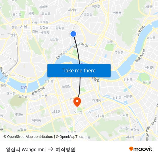 왕십리 Wangsimni to 예작병원 map