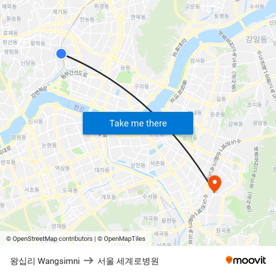 왕십리 Wangsimni to 서울 세계로병원 map