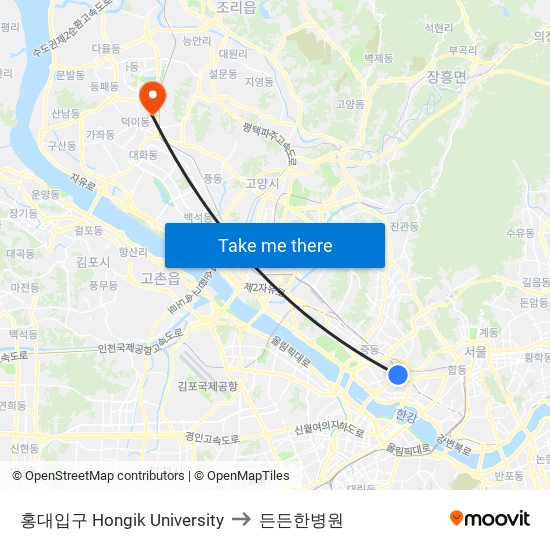 홍대입구 Hongik University to 든든한병원 map