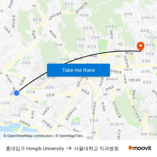 홍대입구 Hongik University to 서울대학교 치과병원 map