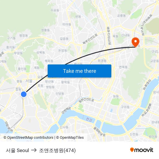 서울 Seoul to 조앤조병원(474) map