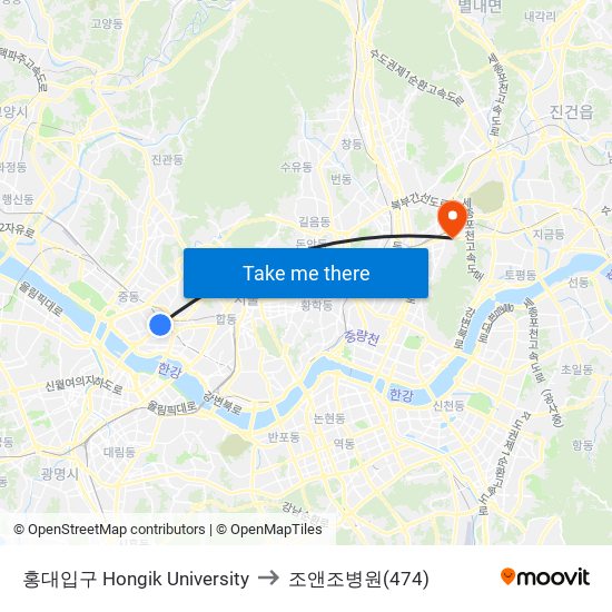 홍대입구 Hongik University to 조앤조병원(474) map