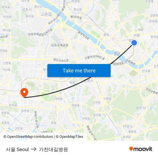 서울 Seoul to 가천대길병원 map