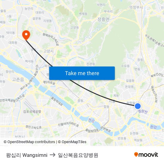 왕십리 Wangsimni to 일산복음요양병원 map