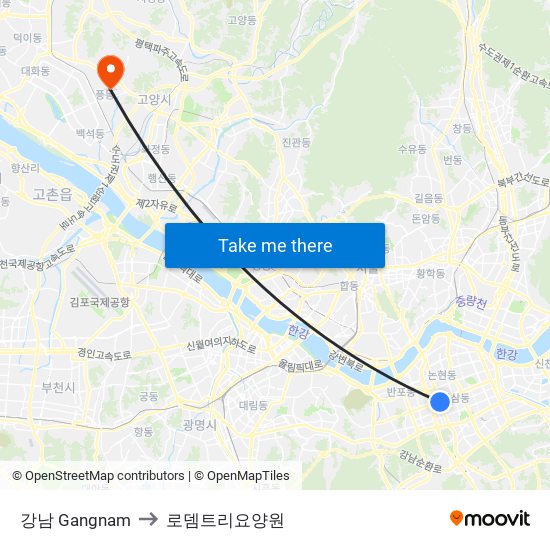 강남 Gangnam to 로뎀트리요양원 map