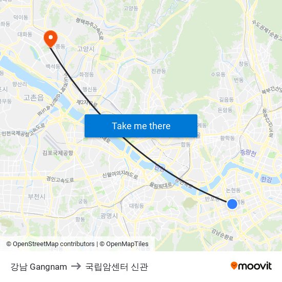 강남 Gangnam to 국립암센터 신관 map