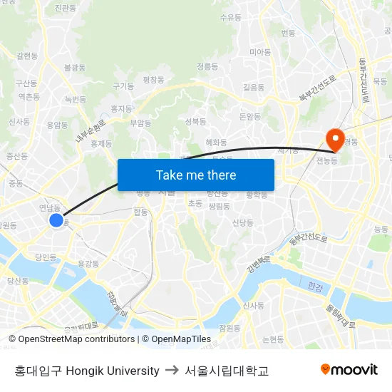 홍대입구 Hongik University to 서울시립대학교 map