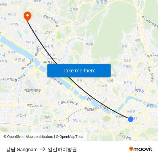 강남 Gangnam to 일산하이병원 map