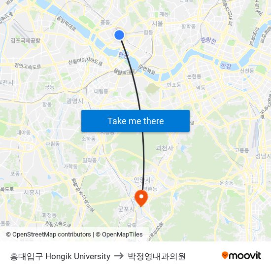 홍대입구 Hongik University to 박정영내과의원 map