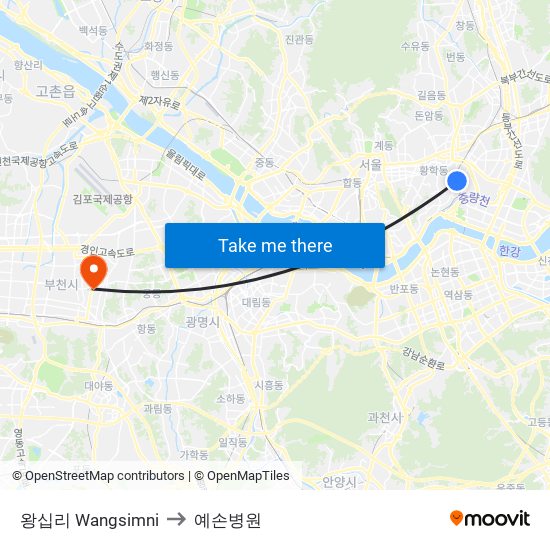 왕십리 Wangsimni to 예손병원 map