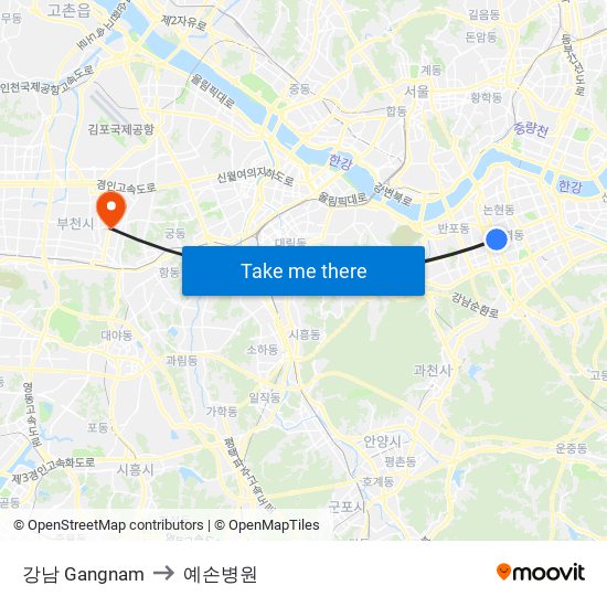 강남 Gangnam to 예손병원 map