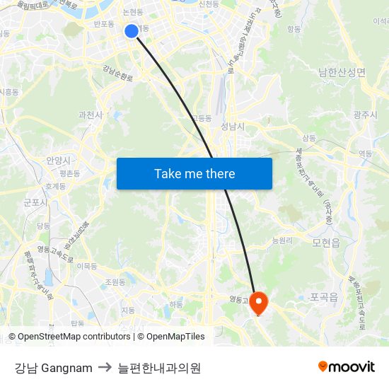 강남 Gangnam to 늘편한내과의원 map