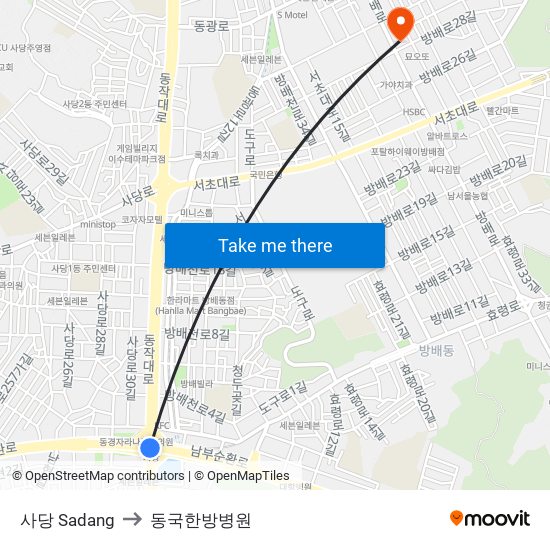 사당 Sadang to 동국한방병원 map