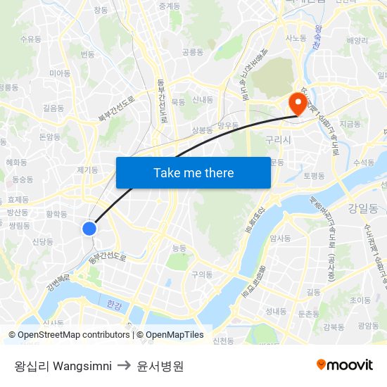 왕십리 Wangsimni to 윤서병원 map