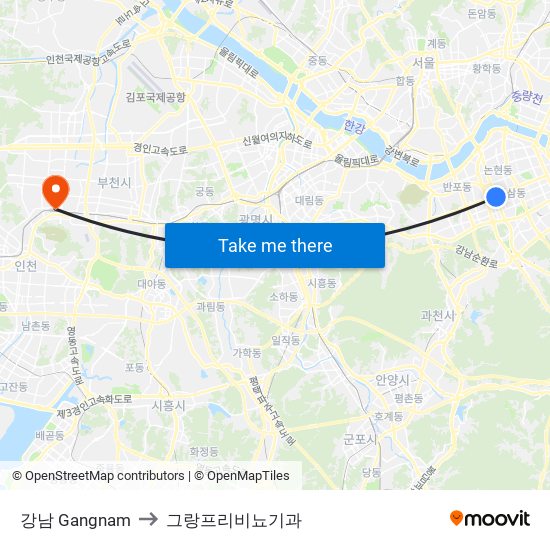 강남 Gangnam to 그랑프리비뇨기과 map