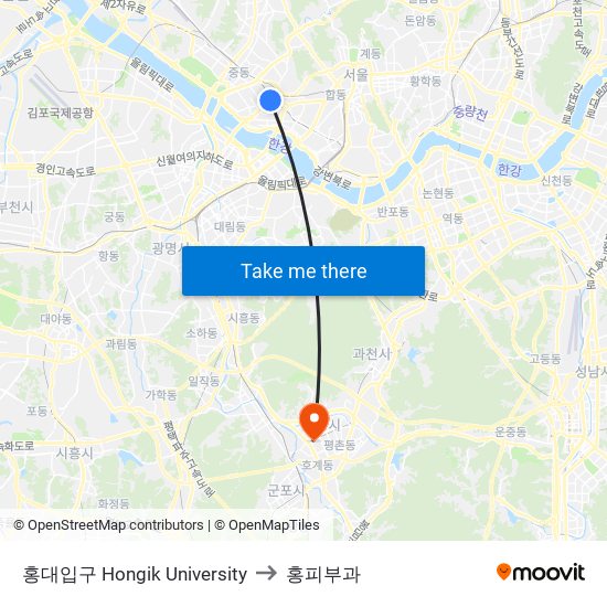 홍대입구 Hongik University to 홍피부과 map