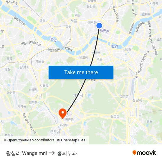 왕십리 Wangsimni to 홍피부과 map