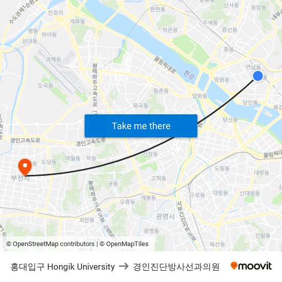 홍대입구 Hongik University to 경인진단방사선과의원 map