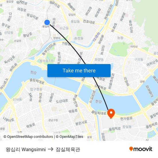 왕십리 Wangsimni to 잠실체육관 map