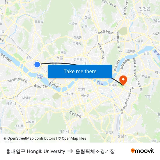 홍대입구 Hongik University to 올림픽체조경기장 map