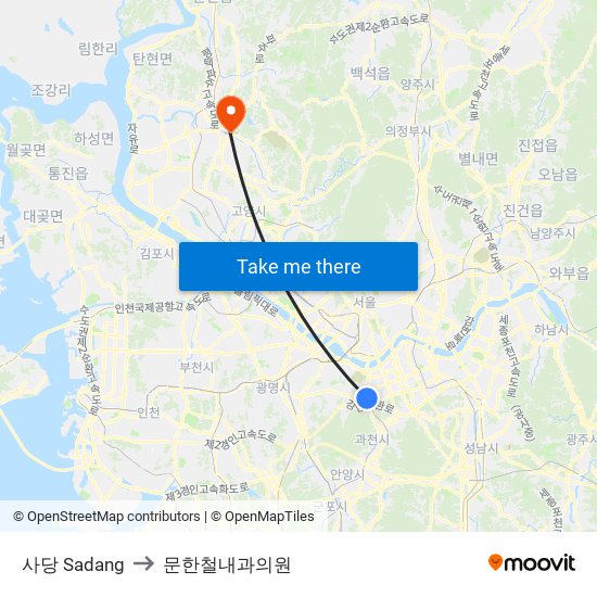 사당 Sadang to 문한철내과의원 map