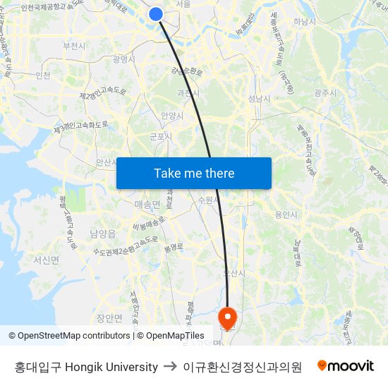 홍대입구 Hongik University to 이규환신경정신과의원 map