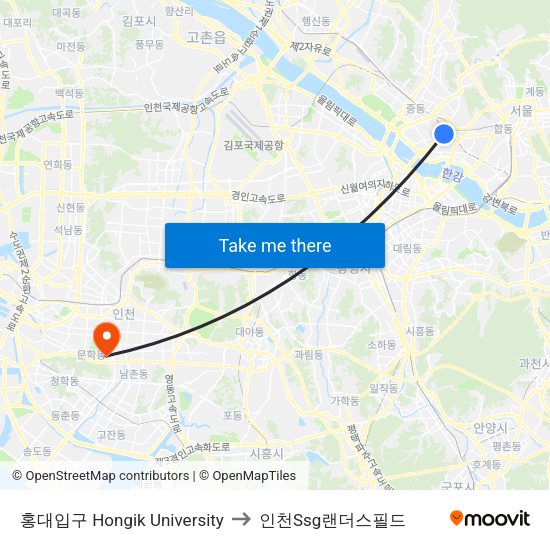 홍대입구 Hongik University to 인천Ssg랜더스필드 map