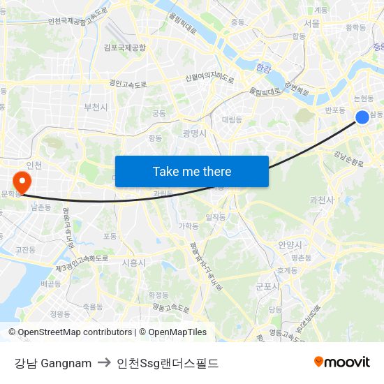 강남 Gangnam to 인천Ssg랜더스필드 map