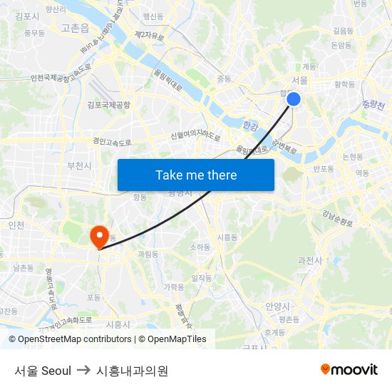 서울 Seoul to 시흥내과의원 map