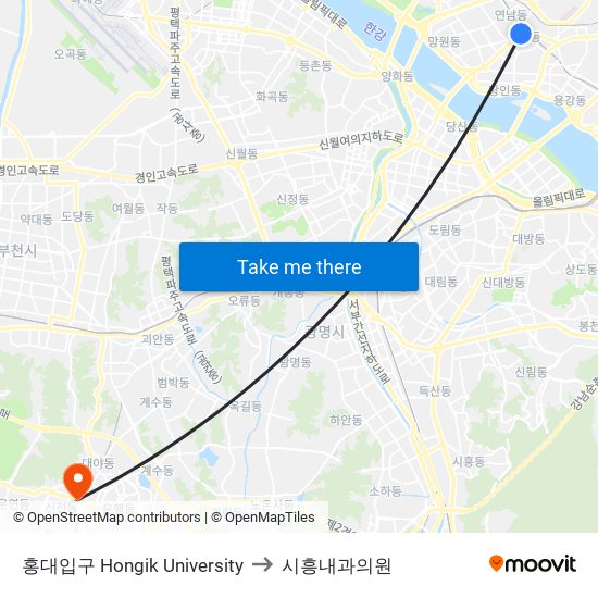 홍대입구 Hongik University to 시흥내과의원 map