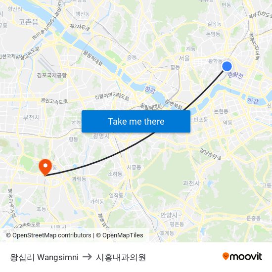 왕십리 Wangsimni to 시흥내과의원 map