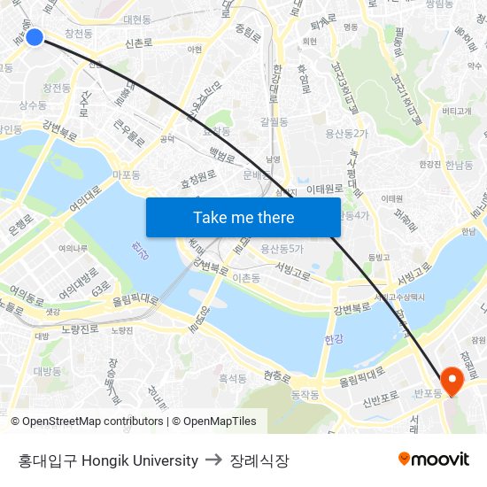 홍대입구 Hongik University to 장례식장 map