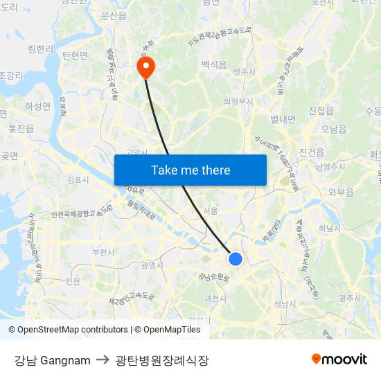 강남 Gangnam to 광탄병원장례식장 map