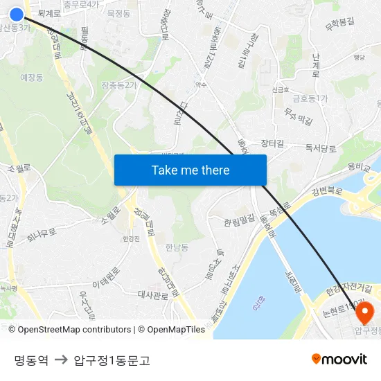 명동역 to 압구정1동문고 map