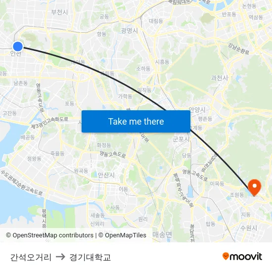 간석오거리 to 경기대학교 map