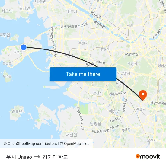 운서 Unseo to 경기대학교 map