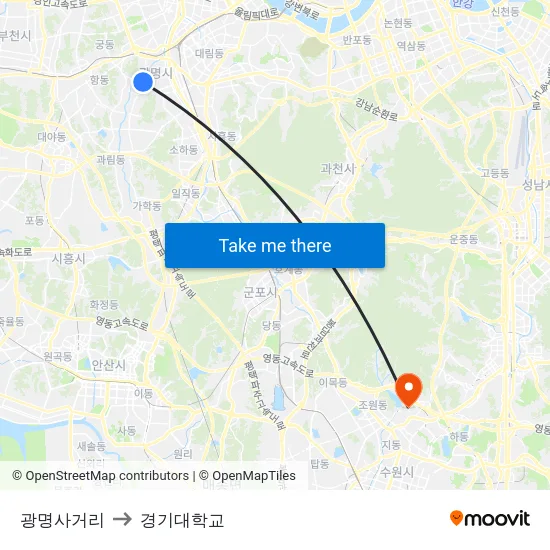 광명사거리 to 경기대학교 map