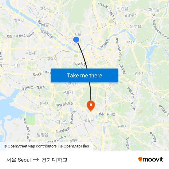 서울 Seoul to 경기대학교 map