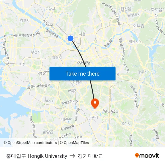 홍대입구 Hongik University to 경기대학교 map