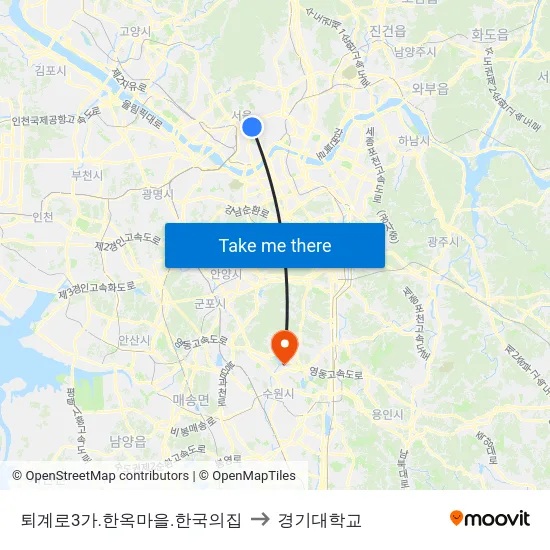 퇴계로3가.한옥마을.한국의집 to 경기대학교 map