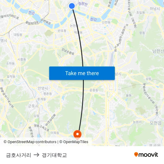 금호사거리 to 경기대학교 map