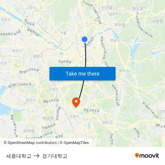 세종대학교 to 경기대학교 map