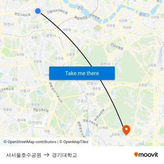 서서울호수공원 to 경기대학교 map