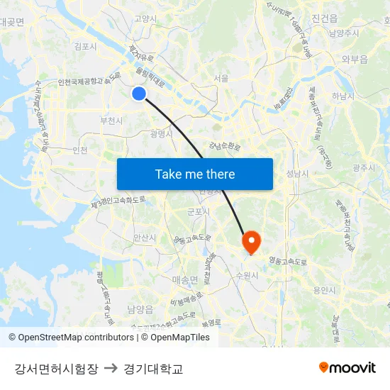 강서면허시험장 to 경기대학교 map