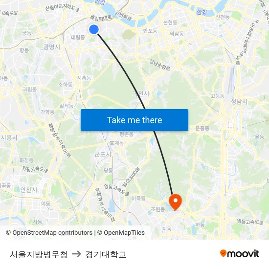 서울지방병무청 to 경기대학교 map