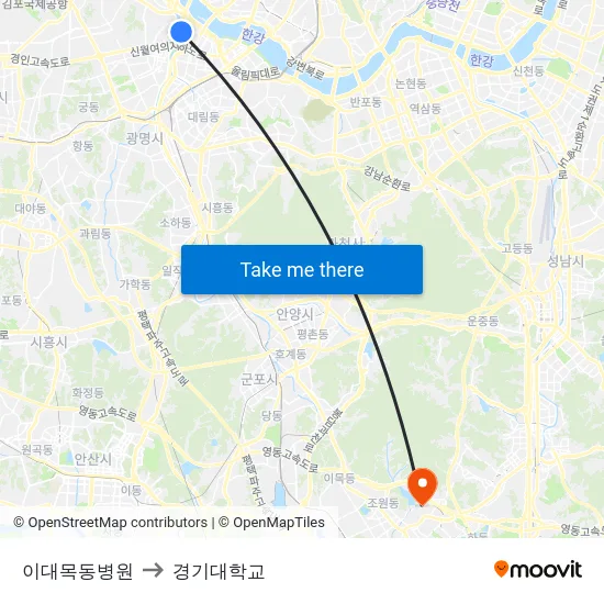 이대목동병원 to 경기대학교 map