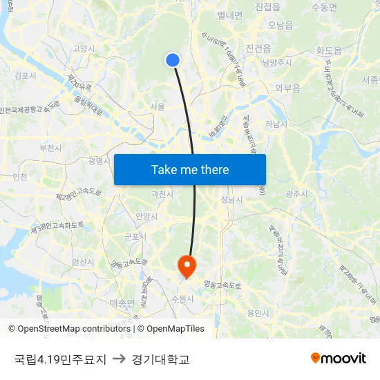 국립4.19민주묘지 to 경기대학교 map