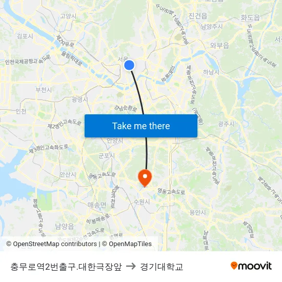 충무로역2번출구.대한극장앞 to 경기대학교 map