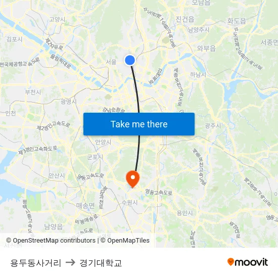 용두동사거리 to 경기대학교 map